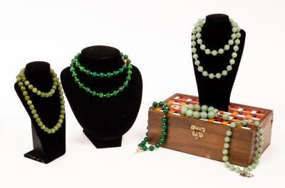 Appraisal: Various jadeite bead necklaces and bracelets in a wooden box