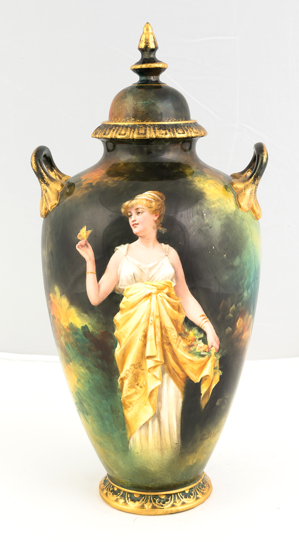 Appraisal: Hand Painted Royal Bonn Vase Circa Lady with butterfly Artist