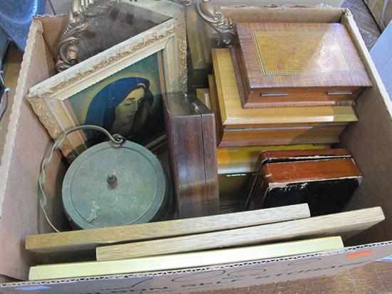 Appraisal: ONE BOX OF ASSORTED ITEMS INCL OAK CASED BISCUIT BARREL