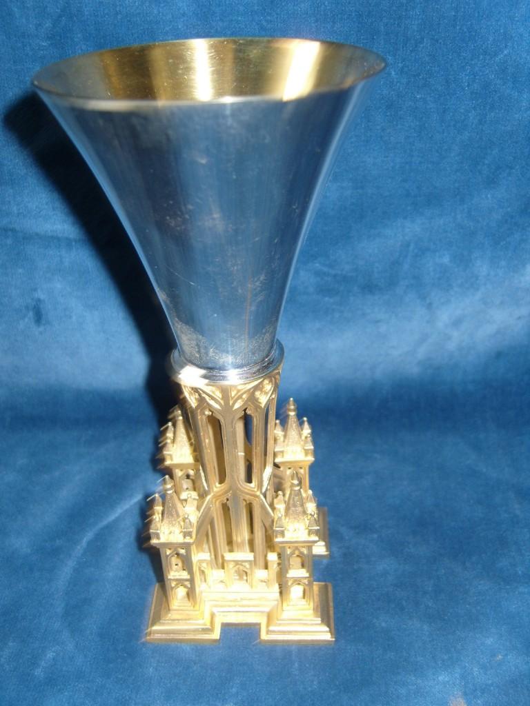 Appraisal: A cased silver gilt goblet the lower section incorporating ecclesiastical