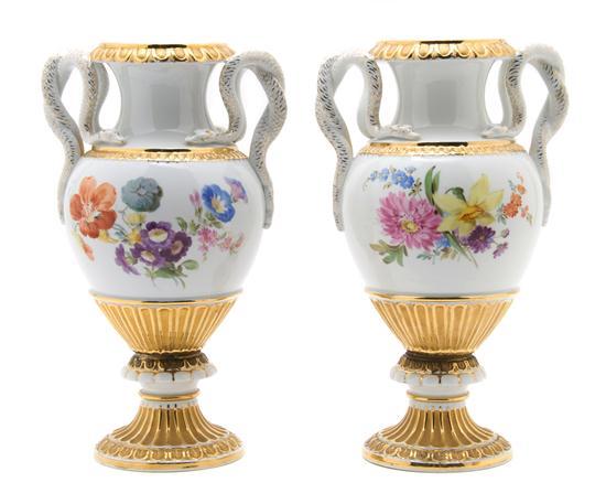 Appraisal: Pair of Meissen Porcelain Urns with double serpent handles the