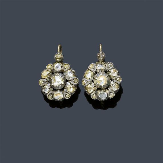 Appraisal: DIAMOND EAR PENDANTS ca Silver and yellow gold Fancy rosette-shaped