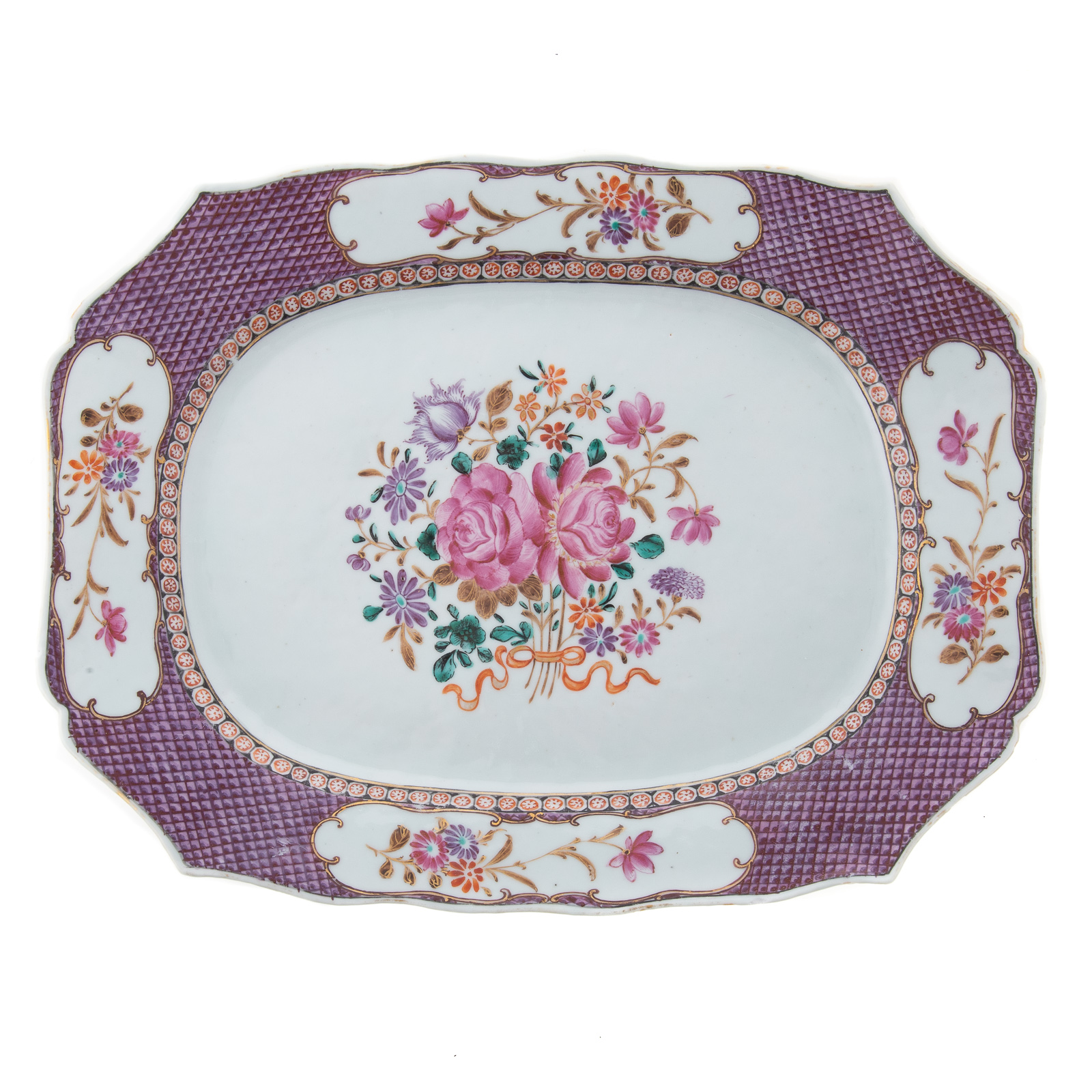 Appraisal: CHINESE EXPORT FAMILLE ROSE PLATTER Circa shaped platter with vividly