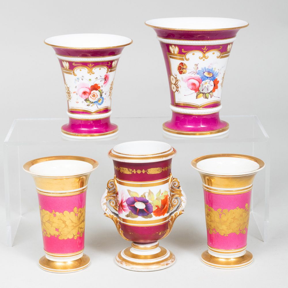 Appraisal: Group of Five English Claret Ground Porcelain Vases Comprising Two