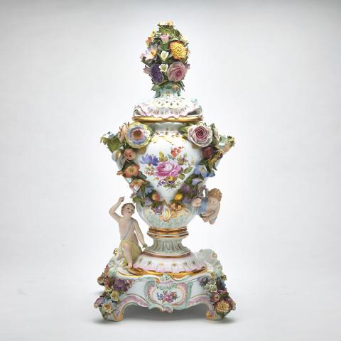 Appraisal: Meissen Flower-Encrusted Pot-Pourri Vase with Cover and Stand late th