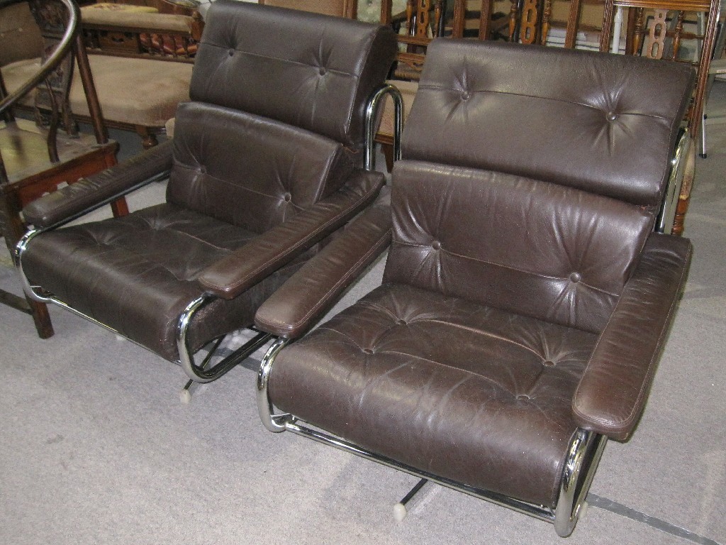 Appraisal: Pair of th Century leather and tubular steel armchairs by