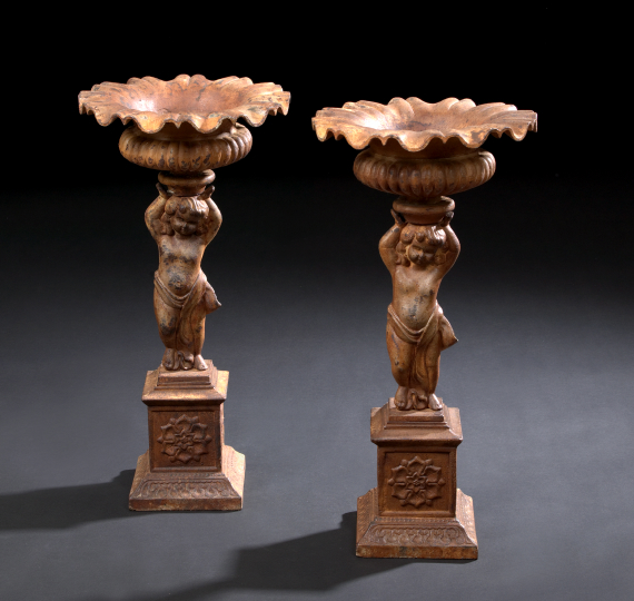 Appraisal: Pair of French Polychromed Iron Garden Urns each with a