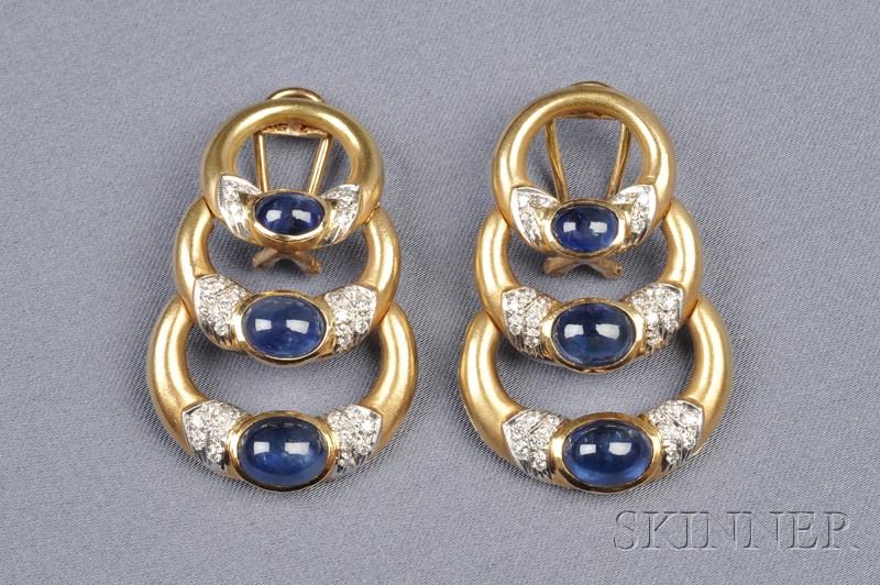 Appraisal: kt Gold Sapphire and Diamond Earpendants set with cabochon sapphires