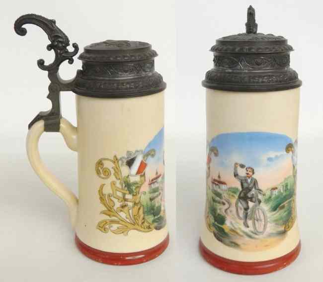 Appraisal: German stein with transfer decorated safety rider L