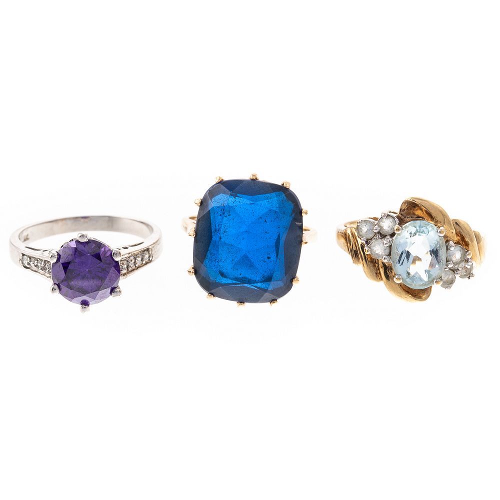 Appraisal: A Trio of Gemstone Rings in Gold K yellow gold