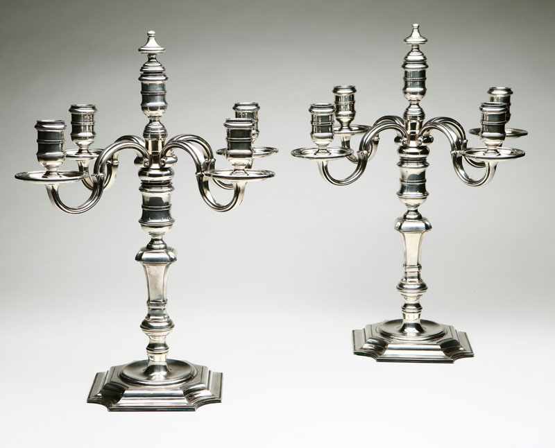 Appraisal: A pair of George I style sterling silver five-light candelabra