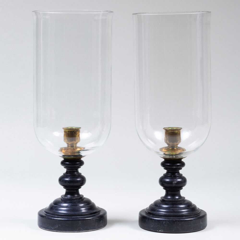 Appraisal: Pair of Black Marble and Glass Photophores x in diam