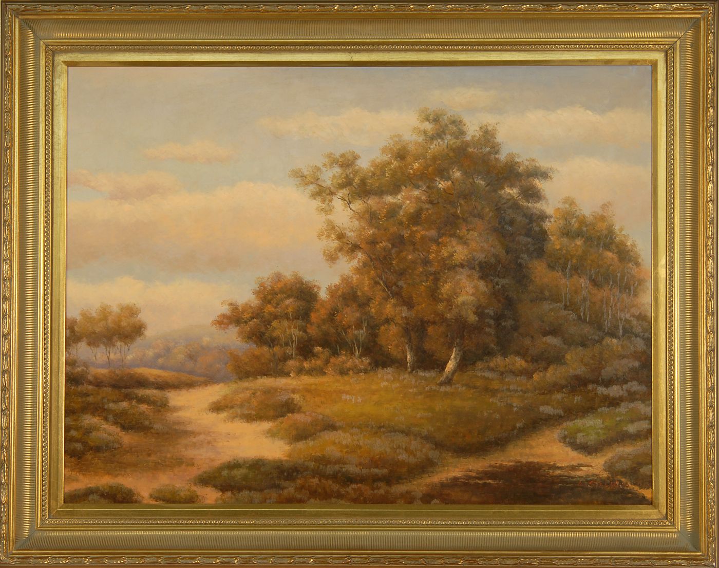 Appraisal: FRAMED PAINTING Meadow with wooded and mountainous background Signed lower