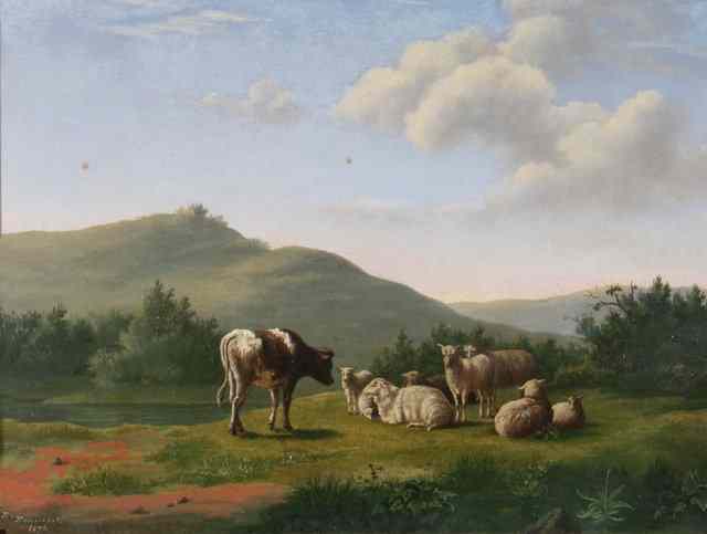 Appraisal: E J KEURSCHOT DUTCH TH CENTURY Sheep and cow grazing