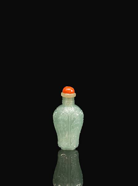 Appraisal: An unusual glass snuff bottle Of hexagonal faceted form raised