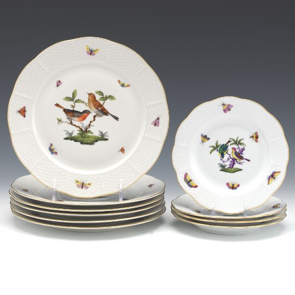 Appraisal: SIX HEREND PORCELAIN HAND PAINTED LUNCHEON PLATES AND FOUR BREAD