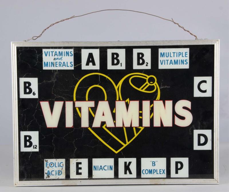 Appraisal: Vitamins Hanging Lighted Advertising Sign This reverse on glass display