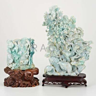 Appraisal: CHINESE HARDSTONE CARVINGS Two with floral and bird design on