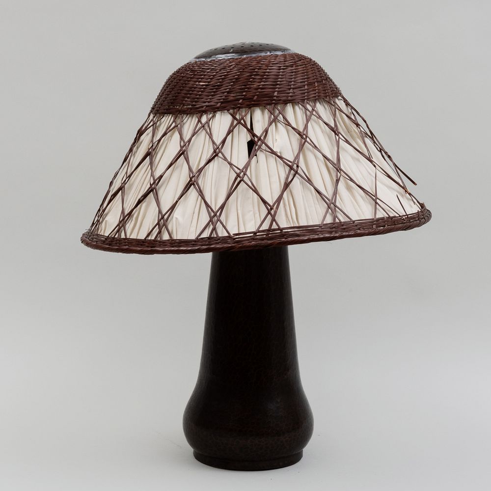 Appraisal: Gustav Stickley - Hammered Copper Table Lamp With a woven