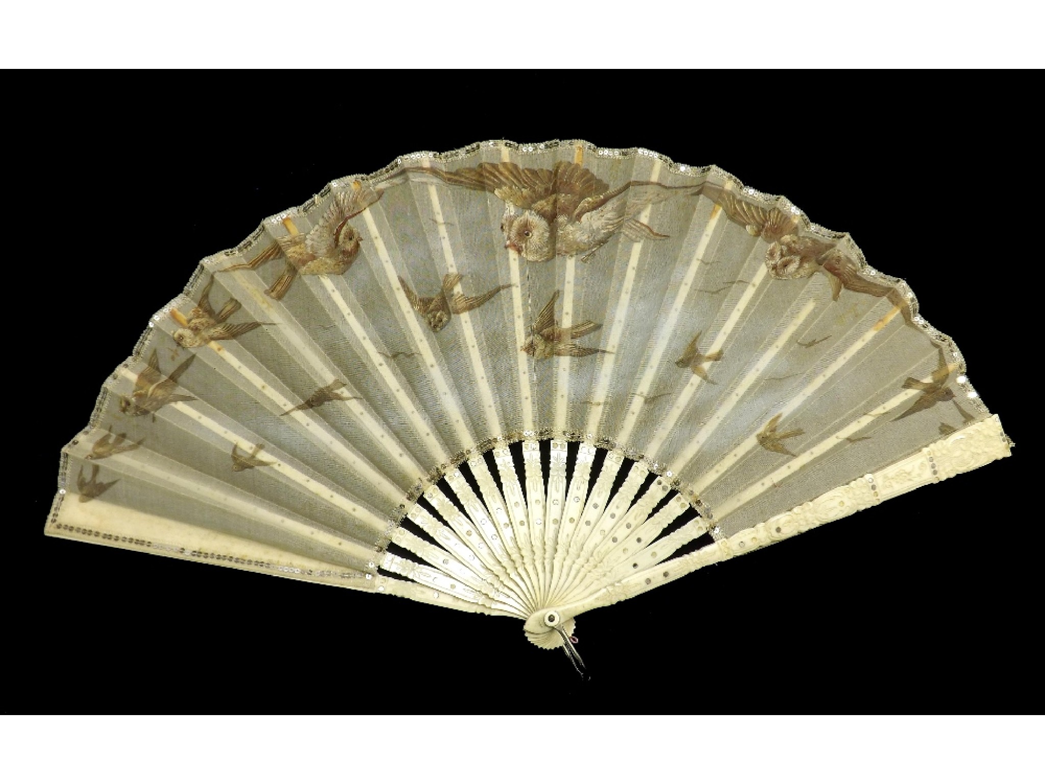 Appraisal: th century brise silk fan with carved ivory guards decorated