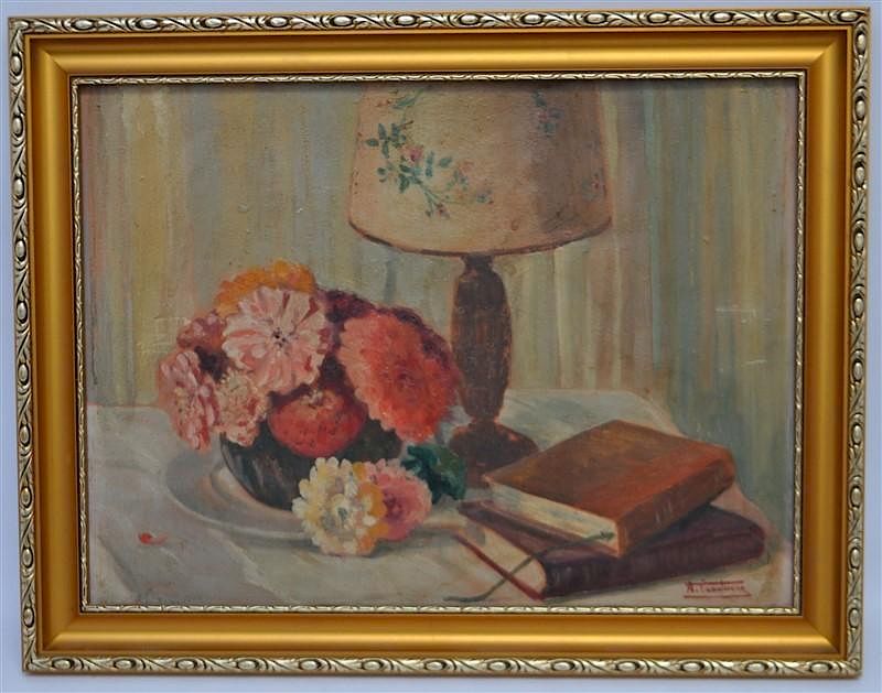 Appraisal: ANDRE CASABONNE OIL ON PANEL DAHLIAS Andre Casabonne French early