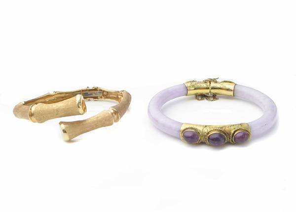 Appraisal: A lavender jade gem-set and k gold bangle with a