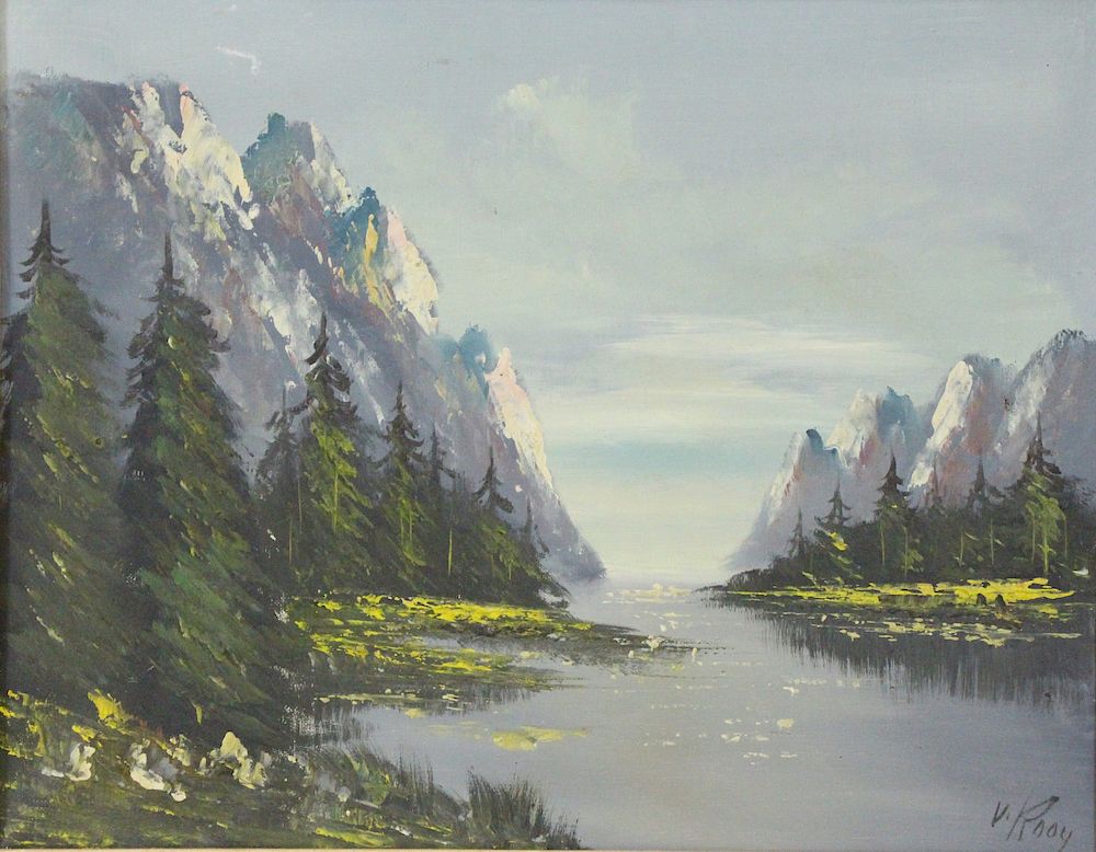 Appraisal: V ROOY Sgd Oil On Canvas Mountains Signed lr rt