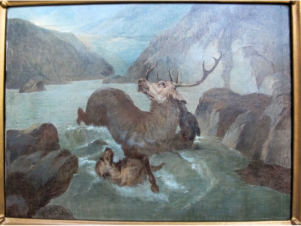 Appraisal: Oil on canvas 'Stag and Hounds' after Landseer