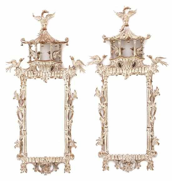 Appraisal: Pair painted Chinese Chippendale style pier mirrors circa pagoda top