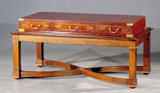 Appraisal: Mahogany and brass inlaid coffee table three drawer box mounted