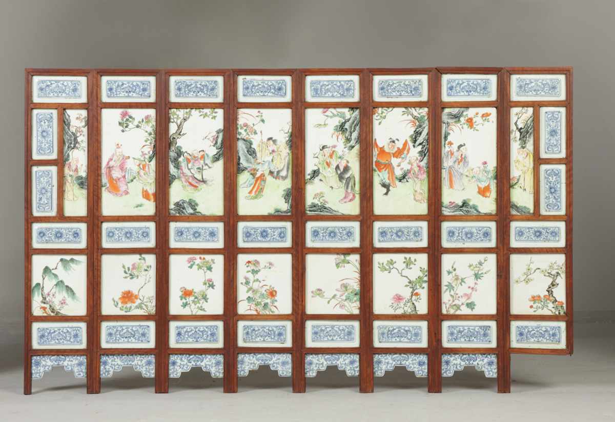 Appraisal: Chinese Porcelain Panel Screen th cent Painted scenes of Chinese