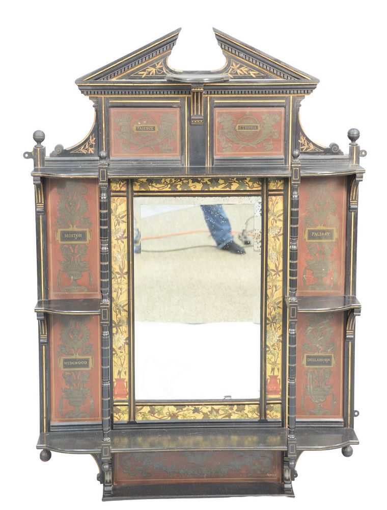 Appraisal: Ebonized Hanging What-Nut Shelf with painted backgrounds marked Wedgwood Minton