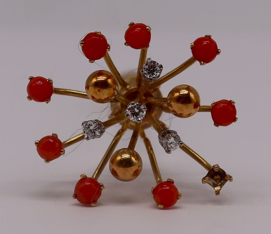 Appraisal: JEWELRY Schlumberger for Tiffany kt Gold Coral and Diamond Stickpin