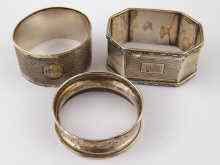 Appraisal: Three hallmarked silver napkin rings