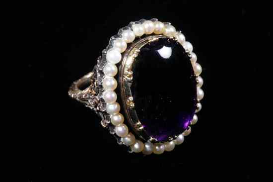 Appraisal: ITALIAN CARVED YELLOW GOLD SEED PEARL AND SIBERIAN AMETHYST CABOCHON