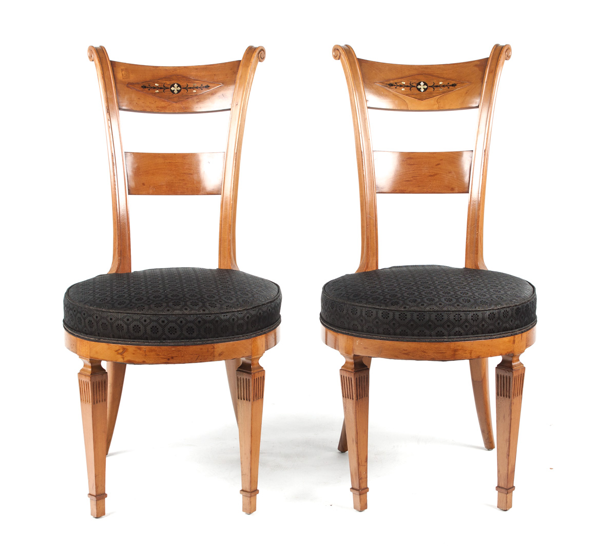 Appraisal: Six Italian fruitwood side chairs Neoclassical style th century mother-of-pearl