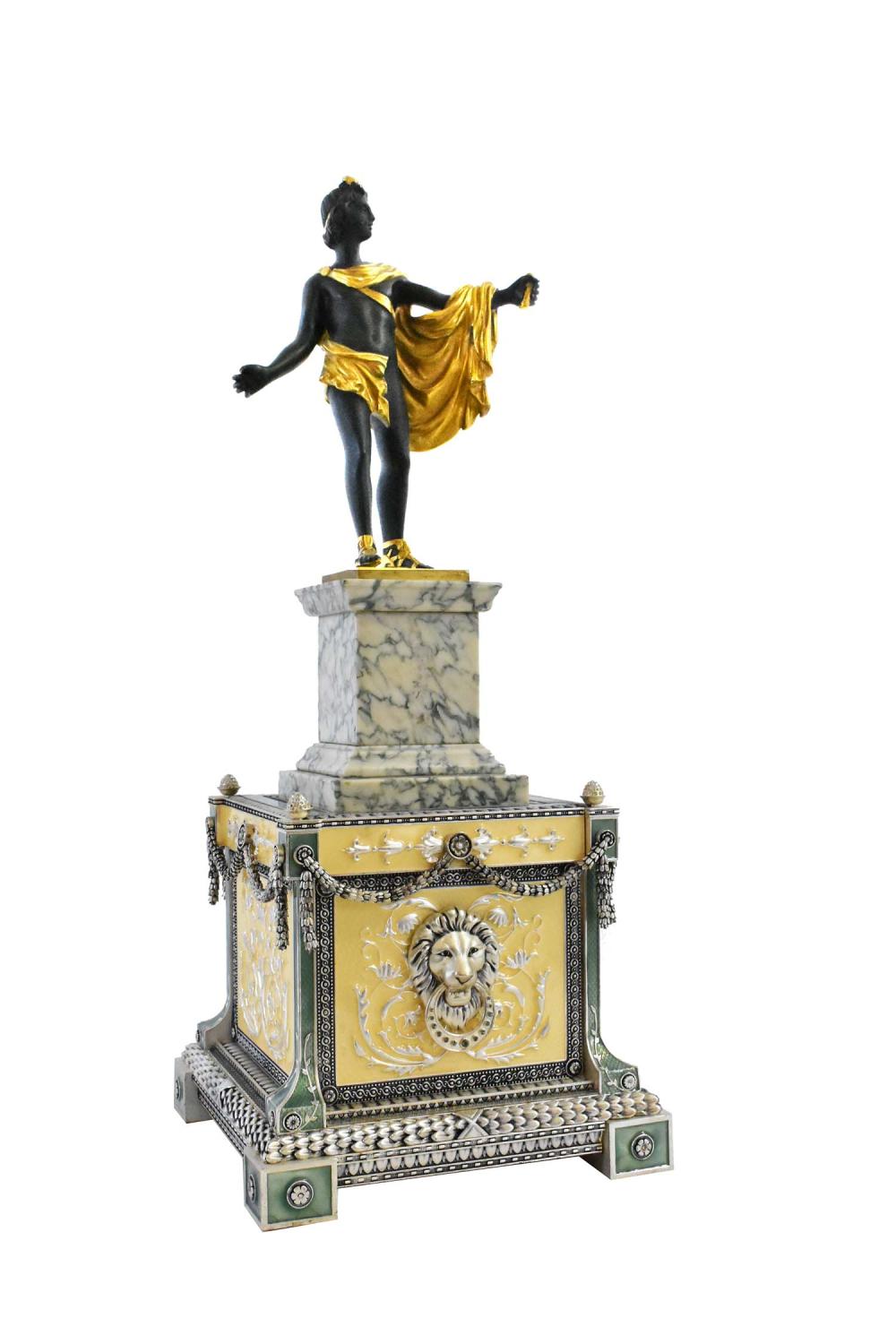 Appraisal: ENAMEL DECORATED PLINTH WITH A CLASSICAL BRONZEContinental The patinated bronze