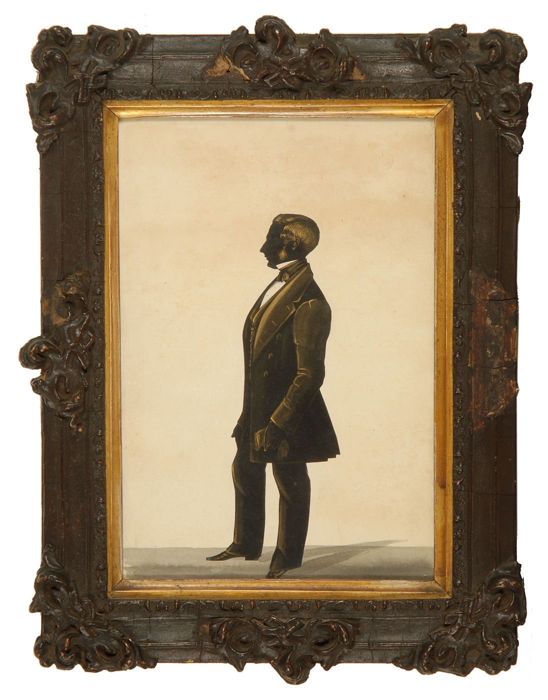 Appraisal: FRAMED FULL-LENGTH SILHOUETTE th CenturyOf a standing male figure holding