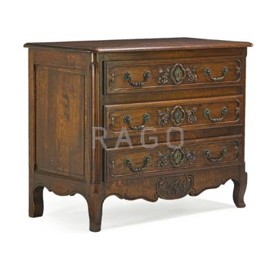 Appraisal: LOUIS XV STYLE COMMODE Oak with three drawers with carved