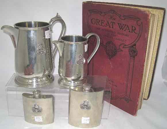 Appraisal: English Pewter large Small Jugs and Hipflasks with Embossed Staffordshire