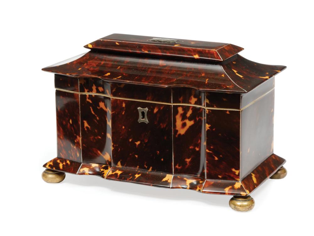 Appraisal: George III Tortoiseshell Tea Caddy th c serpentine front interior