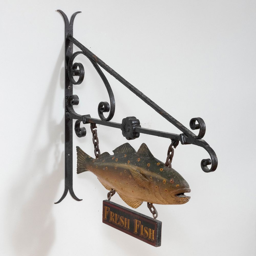 Appraisal: Wrought Iron and Polychromed Wood 'Fresh Fish' Trade Sign x