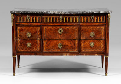 Appraisal: Louis XVI marble-top inlaid commode dovetailed construction figured veneers with