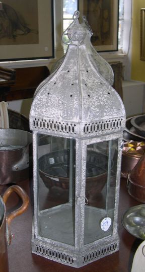 Appraisal: Tall Pair of English Pierced Tin and Glass Hexagonal Lanterns