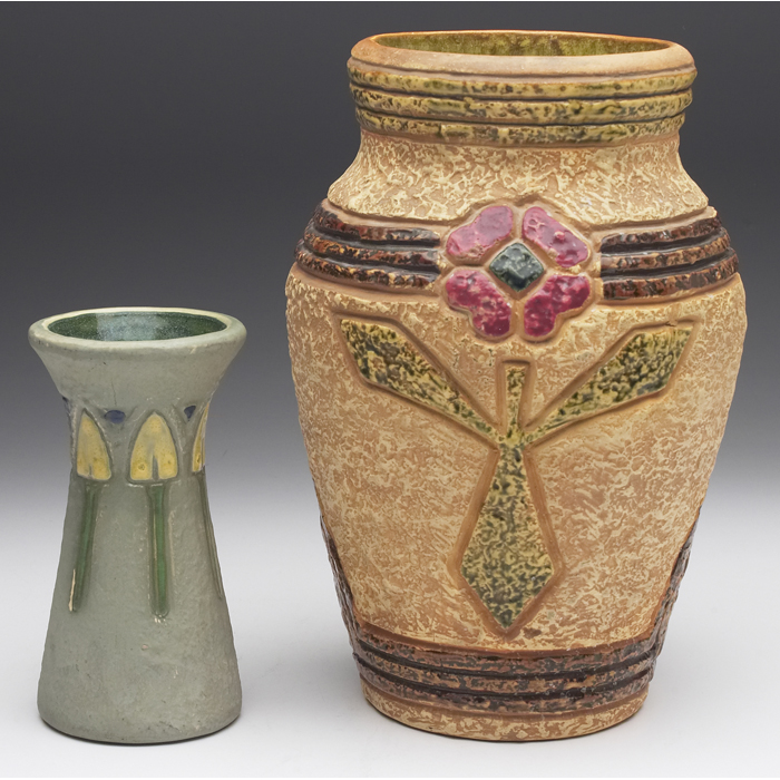 Appraisal: Roseville Mostique vases two colorful designs largest is ''w x