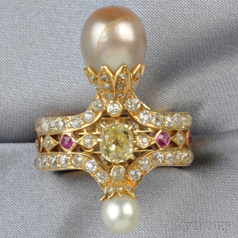 Appraisal: kt Gold Pearl Ruby Colored Diamond and Diamond Ring set