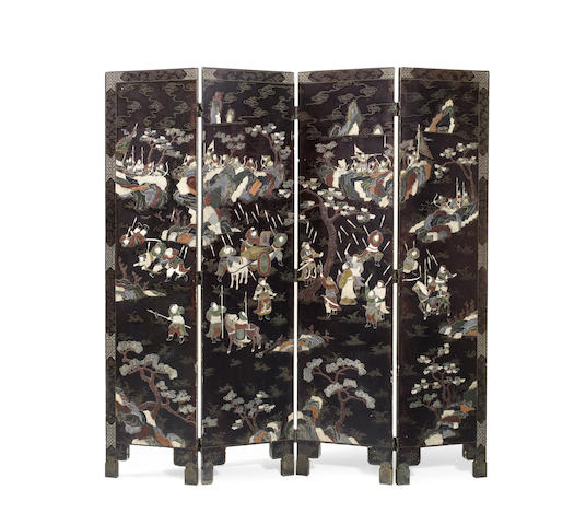 Appraisal: A Chinese late th century lacquer four-leaf screen inlaid in