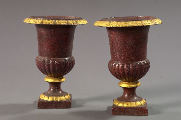 Appraisal: Attractive Pair of Continental Parcel-Gilt Faux-Porphyry-Finished Cast-Iron Vases fourth quarter