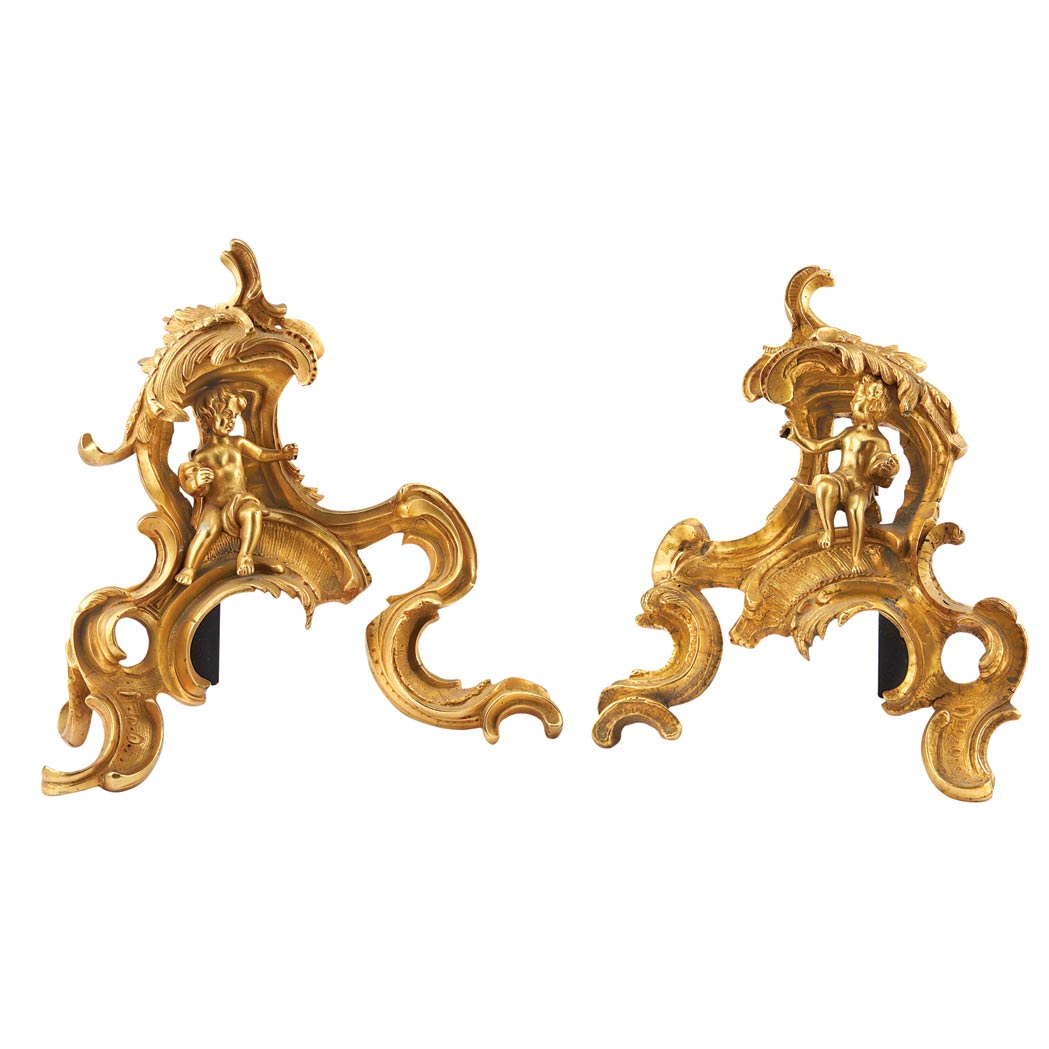 Appraisal: Pair of Louis XV Gilt-Bronze Chenets th Century Each cast