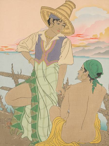 Appraisal: Paul Jacoulet One modern print of two Pacific islanders length